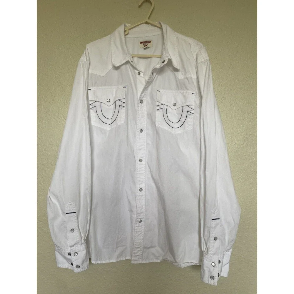 True Religion Western Shirt Mens 2XL White Pearl Snap Horseshoe Stitch Cotton
